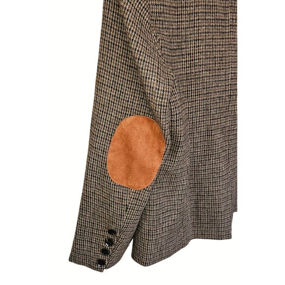 Chocolate Brown Wool Blend Tweed Houndstooth Blazer Jacket Suede Elbow Patches L - Picture 6 of 12